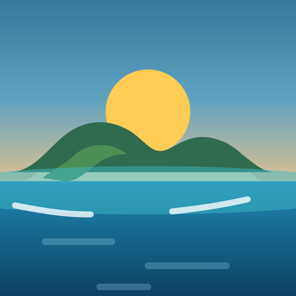 The Reef Resort Tycoon app icon: a green island under a setting sun