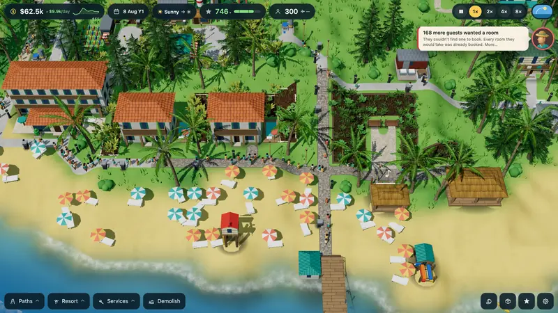 Red-roofed lodges above a beach of umbrellas, with the game's interface