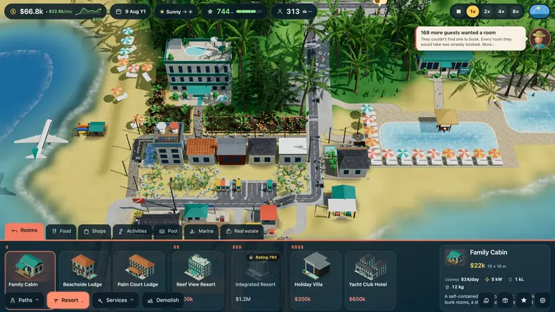 The build menu open on Rooms, from a family cabin to an integrated resort