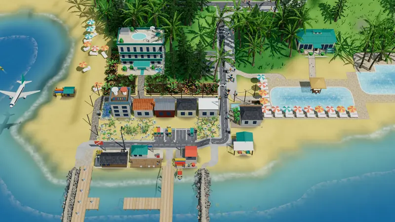 A harbour with shops and lagoon pools, a plane coming in to land