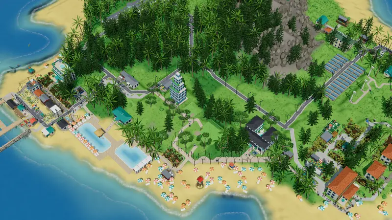 A whole resort island from above: harbour, pools, beach and mountain