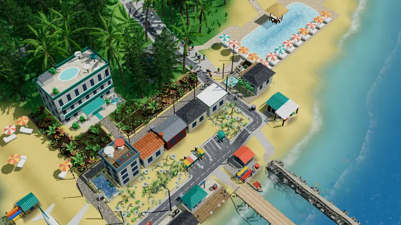 Close on the resort centre, a row of shops and the marina